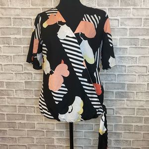 New York and Company Blouse Black & Pink Floral with Side Tie Size: Small